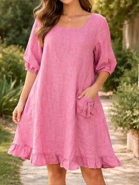 B. Hadikusumo 100% Linen Pink Lagenlook Ruffle Dress